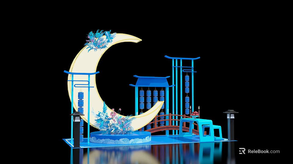 Blue Themed Crescent Moon Decor With Chinese Style Structures And Floral Accents 3d model 