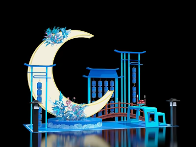 Blue Themed Crescent Moon Decor With Chinese Style Structures And Floral Accents 3d model