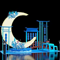 Blue Themed Crescent Moon Decor With Chinese Style Structures And Floral Accents