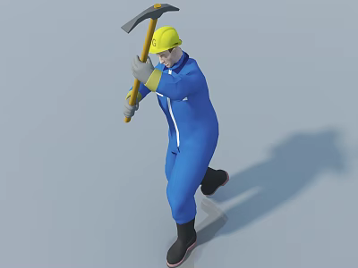 Man in Blue Work Uniform Wearing Yellow Hard Hat Holding Pickaxe 3d model
