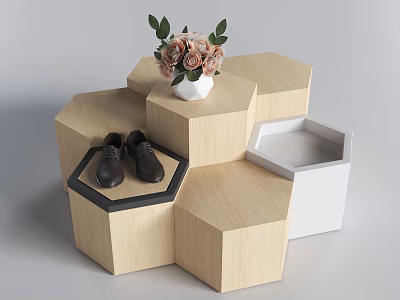 Hexagonal Wooden Display Cabinets Stacked Design With Vase Flowers And Black Shoes 3d model