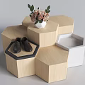 Hexagonal Wooden Display Cabinets Stacked Design With Vase Flowers And Black Shoes