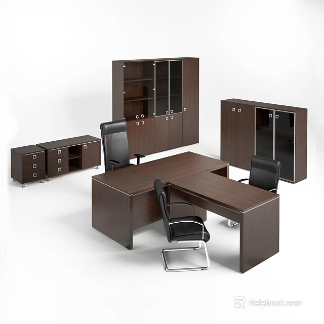 Modern Wooden Office Desk With Black Office Chairs And Storage Cabinets 3d model 