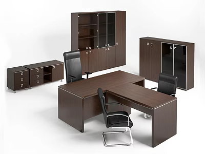 Modern Wooden Office Desk With Black Office Chairs And Storage Cabinets 3d model