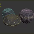 Three Round Blue Bean Bag Chairs With White Star Patterns And Golden Geometric Trim