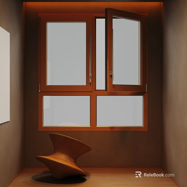 Interior Scene With Wooden Frame Window Double Glazed Glass Brown Curved Chair And White Panel 3d model 