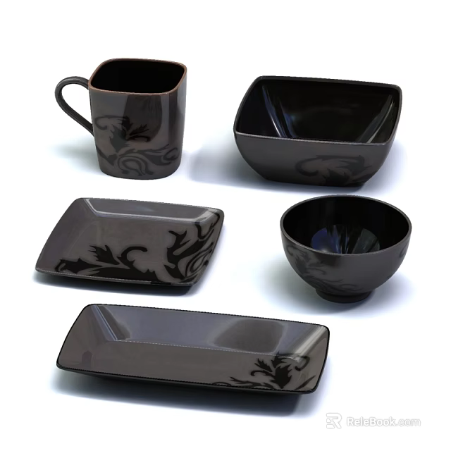 Modern Black Dinnerware Set with Floral Patterns Including Mug Square Bowl Rectangular Plate Small Bowl 3d model