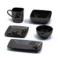 Modern Black Dinnerware Set with Floral Patterns Including Mug Square Bowl Rectangular Plate Small Bowl 3d model