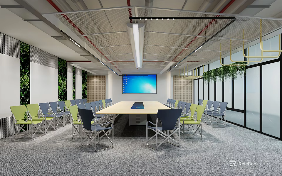 Modern Conference Room With Long Table Green Chairs Large Screen And Glass Walls 3d model 