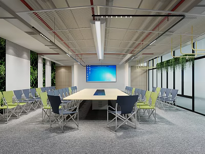 Modern Conference Room With Long Table Green Chairs Large Screen And Glass Walls 3d model