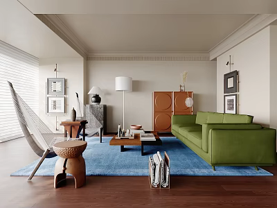 Modern Living Room Interior With Green Sofa Blue Rug Wooden Coffee Table And Floor Lamp 3d model
