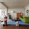 Modern Living Room Interior With Green Sofa Blue Rug Wooden Coffee Table And Floor Lamp