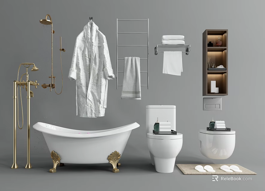 Luxury Bathroom Set With White Bathtub Toilet Washbasin Golden Shower Fixture Robe And Towel Rack 3d model 