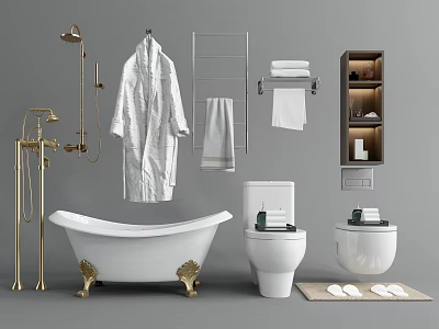 Luxury Bathroom Set With White Bathtub Toilet Washbasin Golden Shower Fixture Robe And Towel Rack 3d model