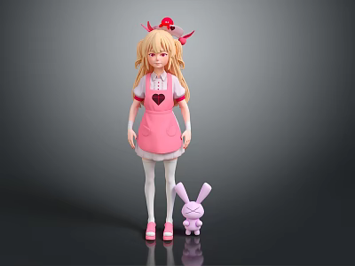 Game Anime Character With Blonde Hair Red Bow Pink Apron And Purple Rabbit Doll 3d model