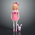 Game Anime Character With Blonde Hair Red Bow Pink Apron And Purple Rabbit Doll