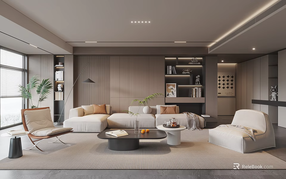Modern Living Room Interior With Sofa Armchair Coffee Table Bookshelves And Warm Lighting 3d model 
