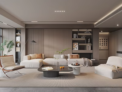 Modern Living Room Interior With Sofa Armchair Coffee Table Bookshelves And Warm Lighting 3d model