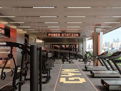 Modern Gym Interior With Fitness Equipment And Power Station Sign 3d model