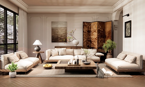 Wind Living Room Sofa Coffee Table Combination Double Sofa Single Person Sofa Jewelry Porch Cabinet Screen 3d model