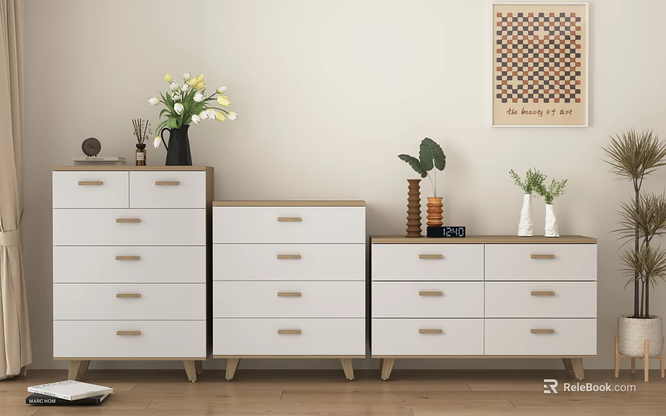 White Dressers with Wooden Handles Multiple Drawers and Decorative Items on Wooden Floor 3d model 