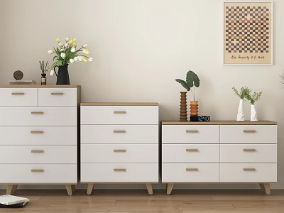 White Dressers with Wooden Handles Multiple Drawers and Decorative Items on Wooden Floor 3d model