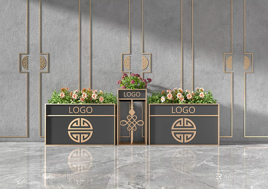 Black Garden Planters With Golden Decor Gray Wall And Colorful Flowers 3d model 