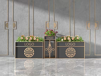 Black Garden Planters With Golden Decor Gray Wall And Colorful Flowers 3d model