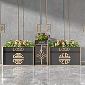 Black Garden Planters With Golden Decor Gray Wall And Colorful Flowers