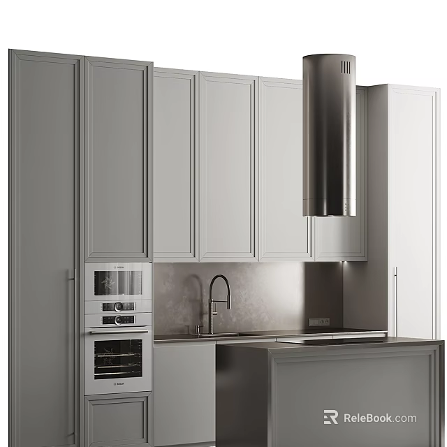 Modern White Kitchen Cabinets With Range Hood And Sink Interior Design 3d model 