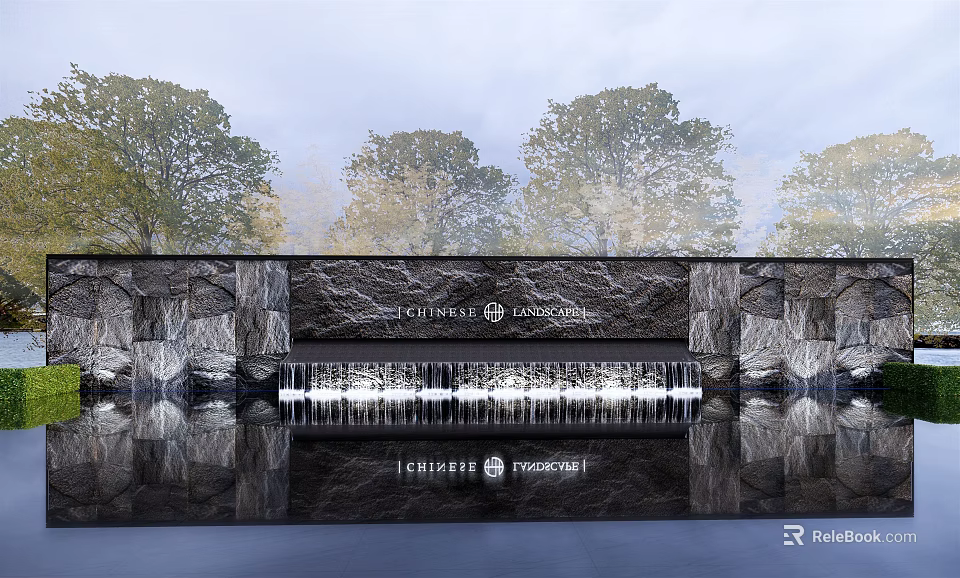 Elegant Stone Feature Wall With Water Reflection And Brand Logo Design 3d model