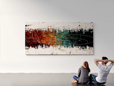 Vibrant Abstract Painting with Red Green Hues Viewed by Two People Sitting On White Wall 3d model