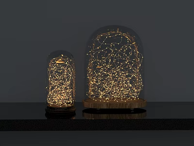 Two Table Lamps with Glass Domes Interior String Lights Wooden Bases Warm Yellow Glow 3d model