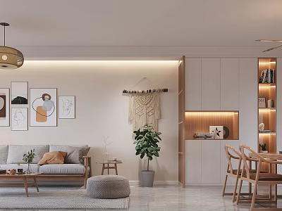 Modern Minimalist Living And Dining Room Interior With Sofa Decorative Paintings And Wooden Furniture 3d model