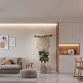 Modern Minimalist Living And Dining Room Interior With Sofa Decorative Paintings And Wooden Furniture