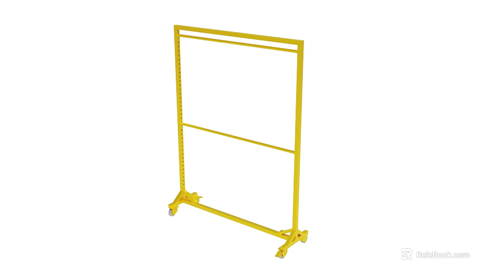 Yellow Metal Rolling Storage Rack With Two Horizontal Bars And Lockable Casters 3d model