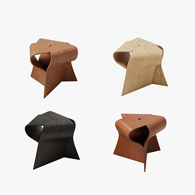 Modern Wooden Stools Featuring Unique Curved Structure And Multiple Color Finishes 3d model