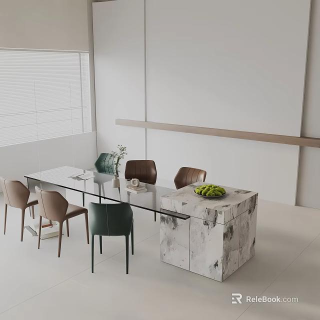 Modern Interior Dining Table Set With Glass Top Chairs Marble Cabinet And Green Apples 3d model 