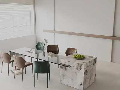 Modern Interior Dining Table Set With Glass Top Chairs Marble Cabinet And Green Apples 3d model