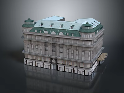Cartoon Scene Featuring Classical Building With Green Roof Towers Multiple Windows And Entrance Awning 3d model