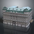Cartoon Scene Featuring Classical Building With Green Roof Towers Multiple Windows And Entrance Awning