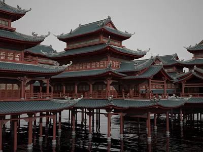 Ancient Architecture with Red Buildings Multi Tiered Green Roofs Over Water with Red Pillar Supports 3d model