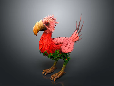 Mythical Game Movie Character With Red Feathers Pink Head Yellow Beak And Green Leaf Decorations 3d model