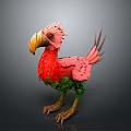 Mythical Game Movie Character With Red Feathers Pink Head Yellow Beak And Green Leaf Decorations