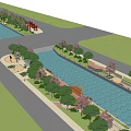 Waterfront Landscape Design With Red Frame Structures Trees River Walkway Paved Area and Pavilion 3d model