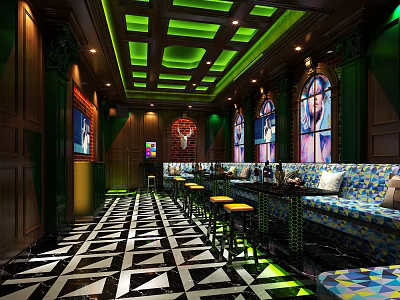 Modern KTV Interior With Green Ceiling Lights Black White Geometric Floor Tiles And Sofa Seats 3d model