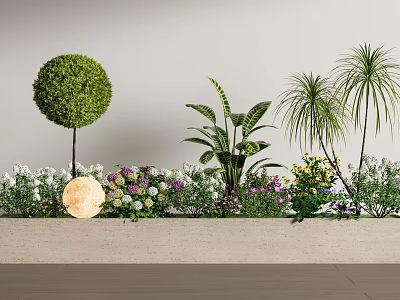 Colorful Flowers and Diverse Plants in Flower Bed With Round Green Shrub and Gray Wall 3d model