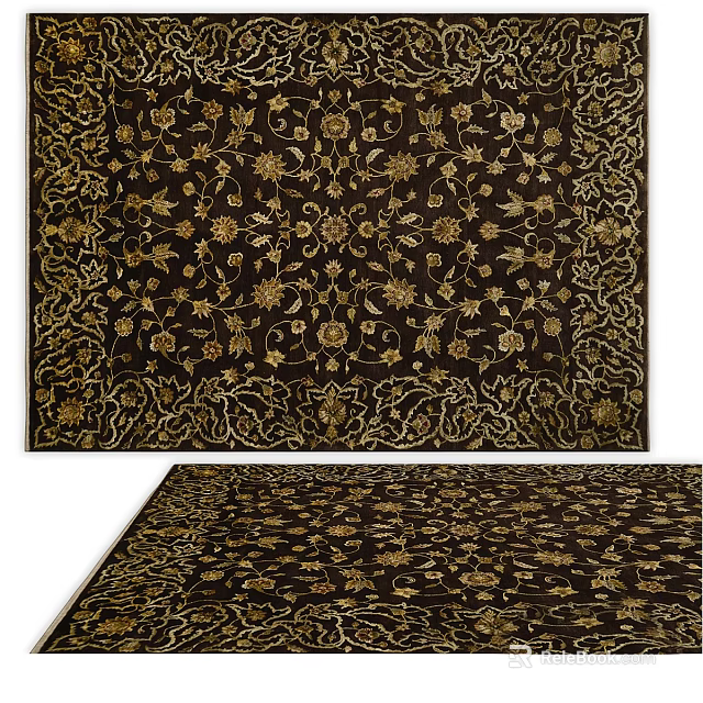 Elegant Brown Square Carpet With Gold Floral Patterns 3d model