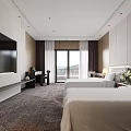 Hotel Room Interior Featuring Twin Beds White Linens Bedside Lamps Sofa And Wooden Accent Wall