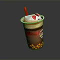 Bubble Tea Cup With Tapioca Pearls Cream Topping And Red Straw